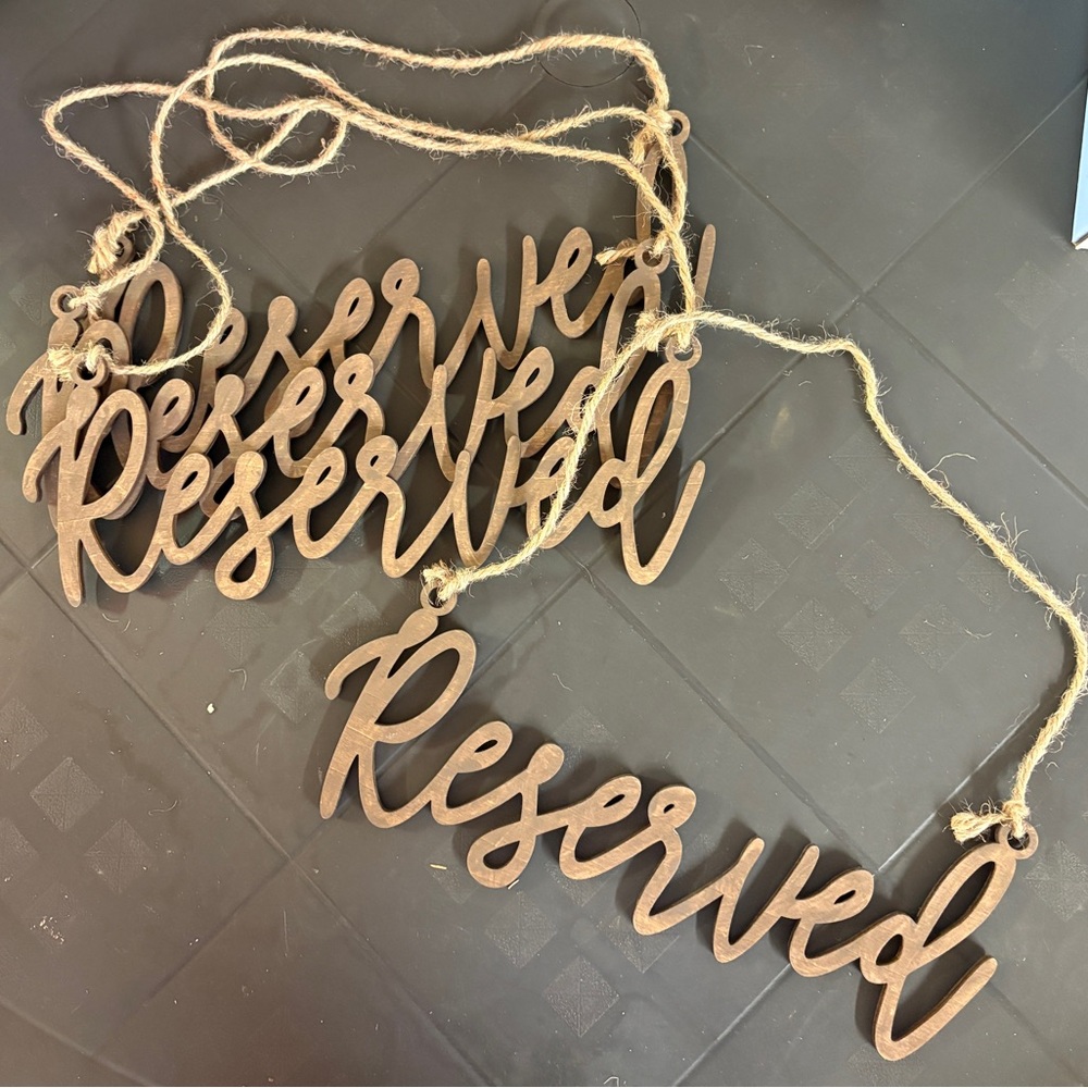 4 Brown Rustic Wooden Reserved Signs with Twine